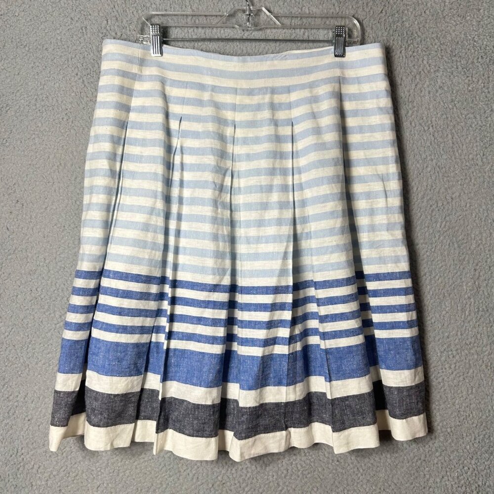 Christopher & Banks Skirt Women 16 Blue Cream Striped Linen Blend Pleated Midi - Picture 2 of 9